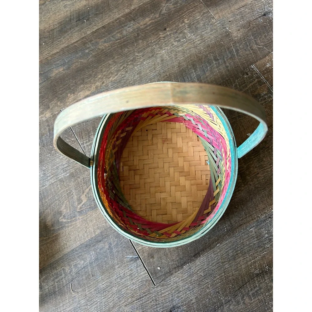 Vintage Style Woven Bamboo Basket Round Multi Color Pink Teal Braided Detail 11i